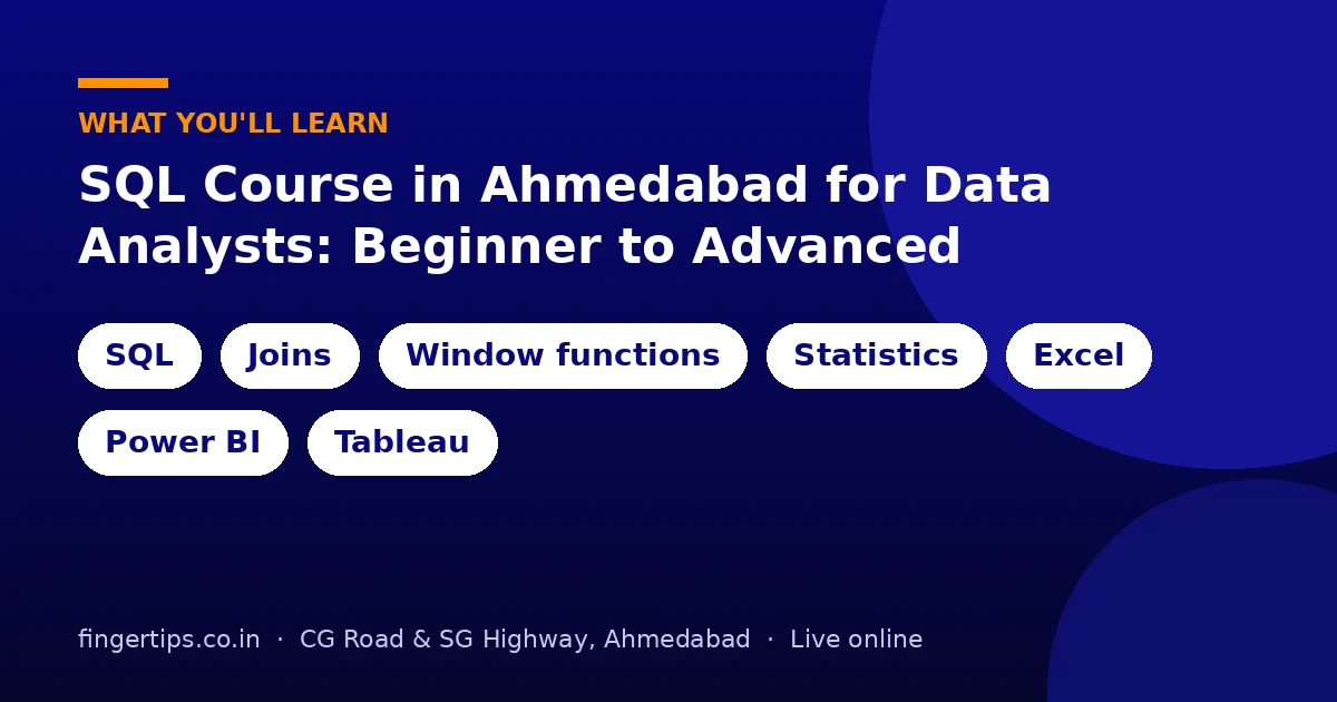 Syllabus of an SQL course in Ahmedabad showing joins, subqueries and window functions